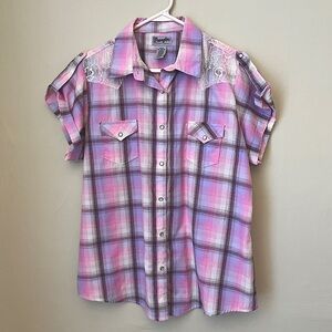 Wrangler | Women’s Wrancher Shirt | Pink and Purple Plaid with Lace | Size XL